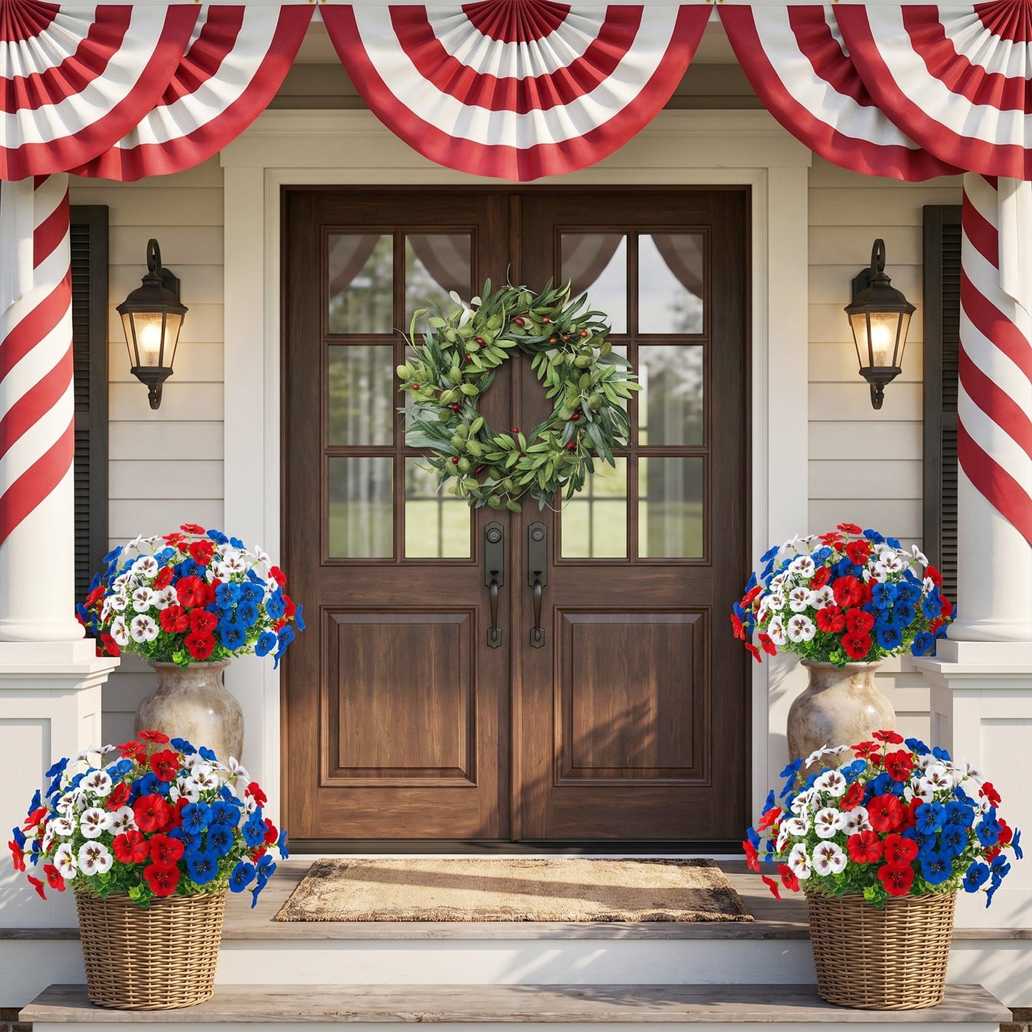 Artificial Flowers for Outdoors, 12 Bundles UV Resistant Faux Silk Flowers for Outside for Front Door Porch Patio Home Decor (Red, White, Blue)
