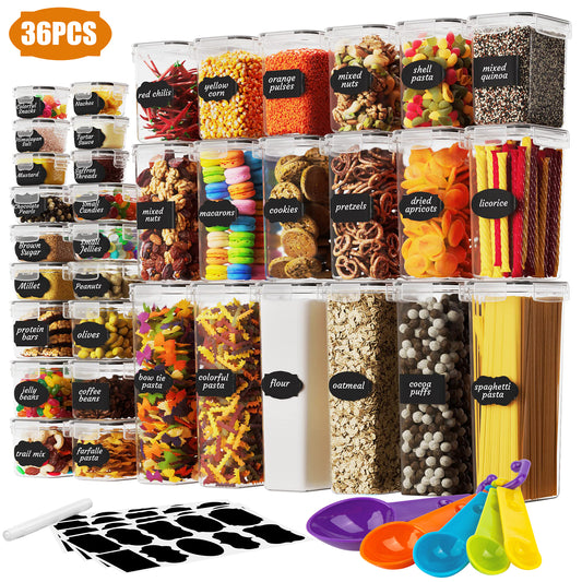 36pcs Airtight Food Storage Containers Set, Plastic Kitchen and Pantry Organization Canisters with Lids for Cereal, Dry Food, Flour and Sugar, Includes 40 Labels with 5 Measuring Spoons