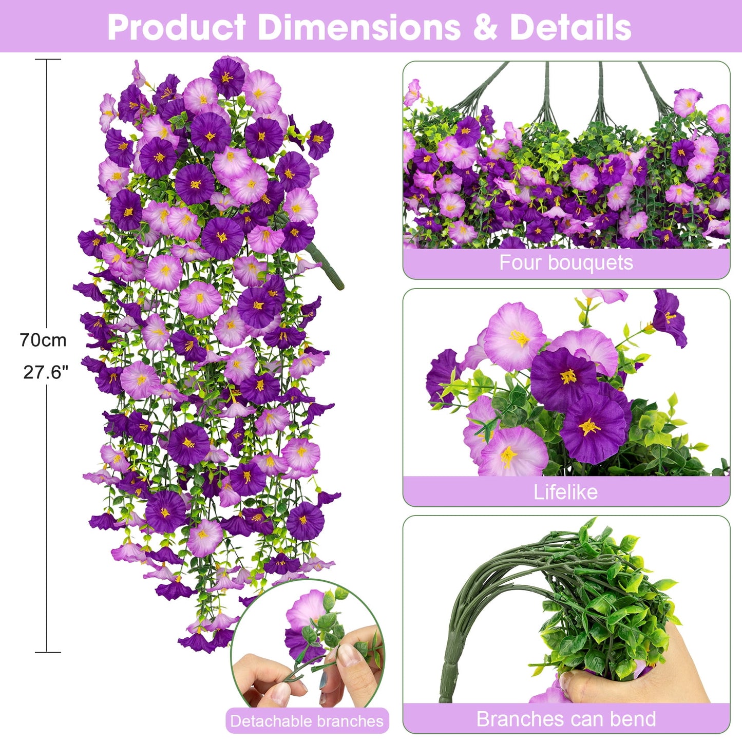 Scidweet Artificial Hanging Flowers for Outdoors, 4 Pcs Faux Fake Hanging Silk Flowers for Spring Summer Porch Patio Garden Yard Indoor Outside Home Decor, Purple