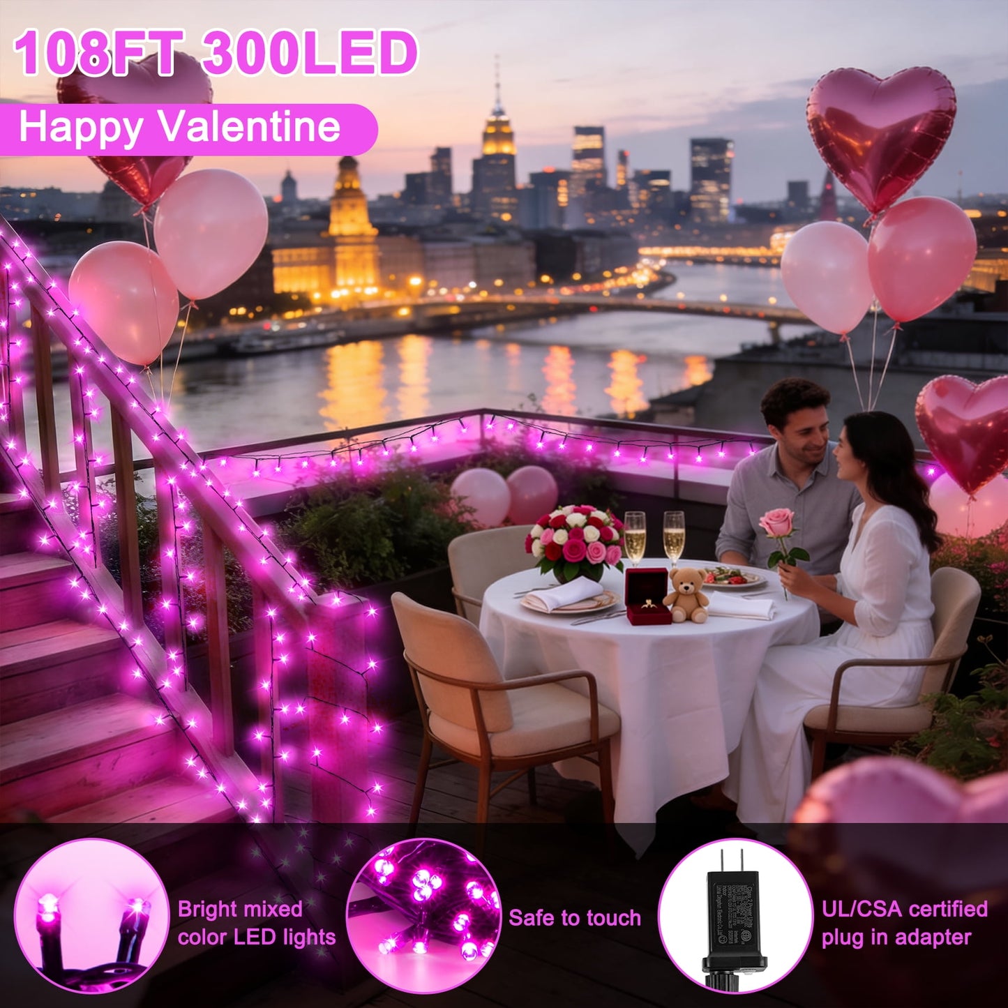 Scidweet Valentines String Lights, 108 ft 300 Twinkle Fairy Lights for Valentines Days Indoor Outdoor Home Decorations, Pink