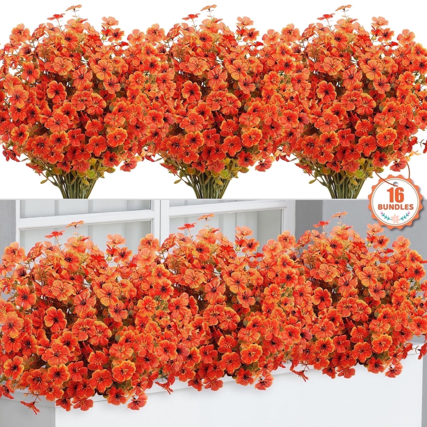 Scidweet 16 Pcs Artificial Plastic Fall Flowers Fake Flowers for Outdoor Autumn Porch, Window Box, Farmhouse Thanksgiving Home Decor, Orange