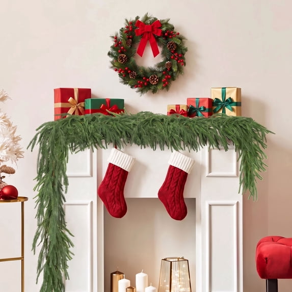 Scidweet 2 Pcs Christmas Garlands Decorations, 12 ft Real Touch Artificial Norfolk Pine Christmas Greenery Garlands for Table Mantle Fireplace Holiday Indoor Outdoor Xmas Decor