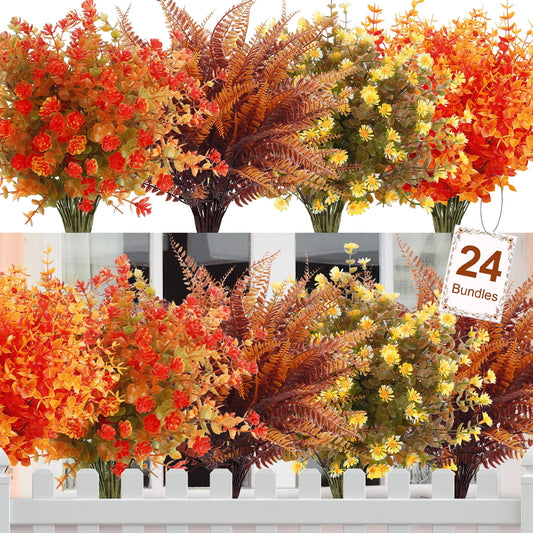 Scidweet 24 Pcs Artificial Fall Flowers, Fake Fall Decorations for Home Autumn Outdoor Thanksgiving Decor