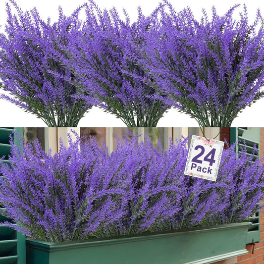 Scidweet 24 Bundles Artificial Lavender Flowers Outdoor UV Resistant Purple Flowers Hanging Flowerpot Indoor Outdoor Spring Decor