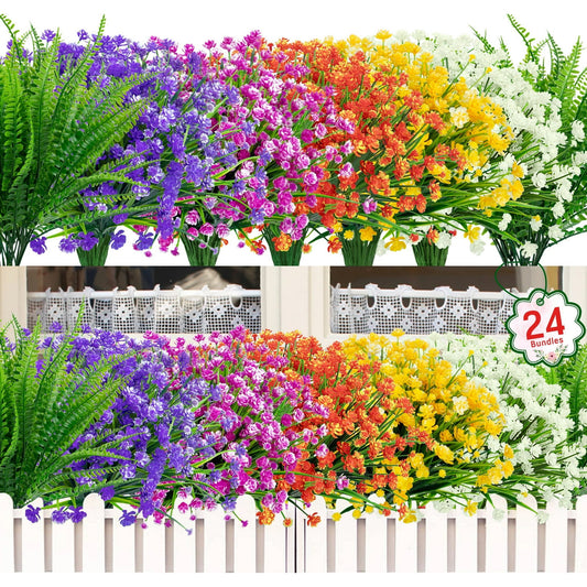 24 Bundles Outdoor Artificial Flowers Colorful Faux UV Resistant Outdoor Artificial Greenery Boston Fern Plastic Flowers for Patio Garden Decor