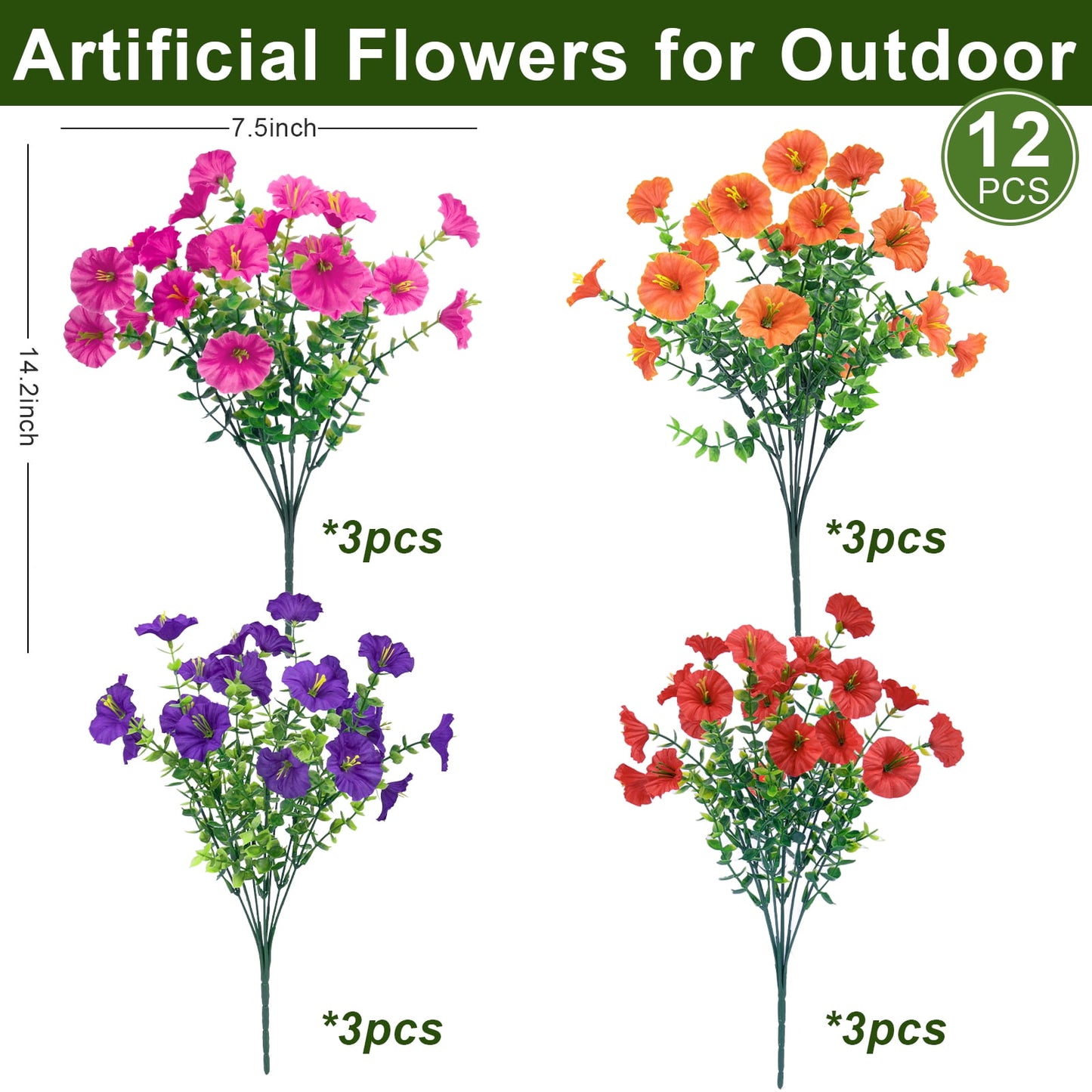Scidweet 12 bundles of outdoor artificial flowers, autumn artificial flowers fake plants courtyard garden porch morning glory decoration, multi-color