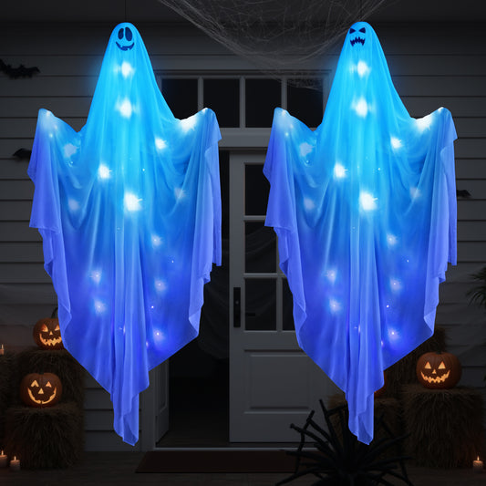Scidweet Halloween Hanging Light up Ghost with Spooky LED Light, 47” Halloween Hanging Ghost Decoration for Front Yard Patio Lawn Garden Party Decor Indoor Outdoor, Blue Light