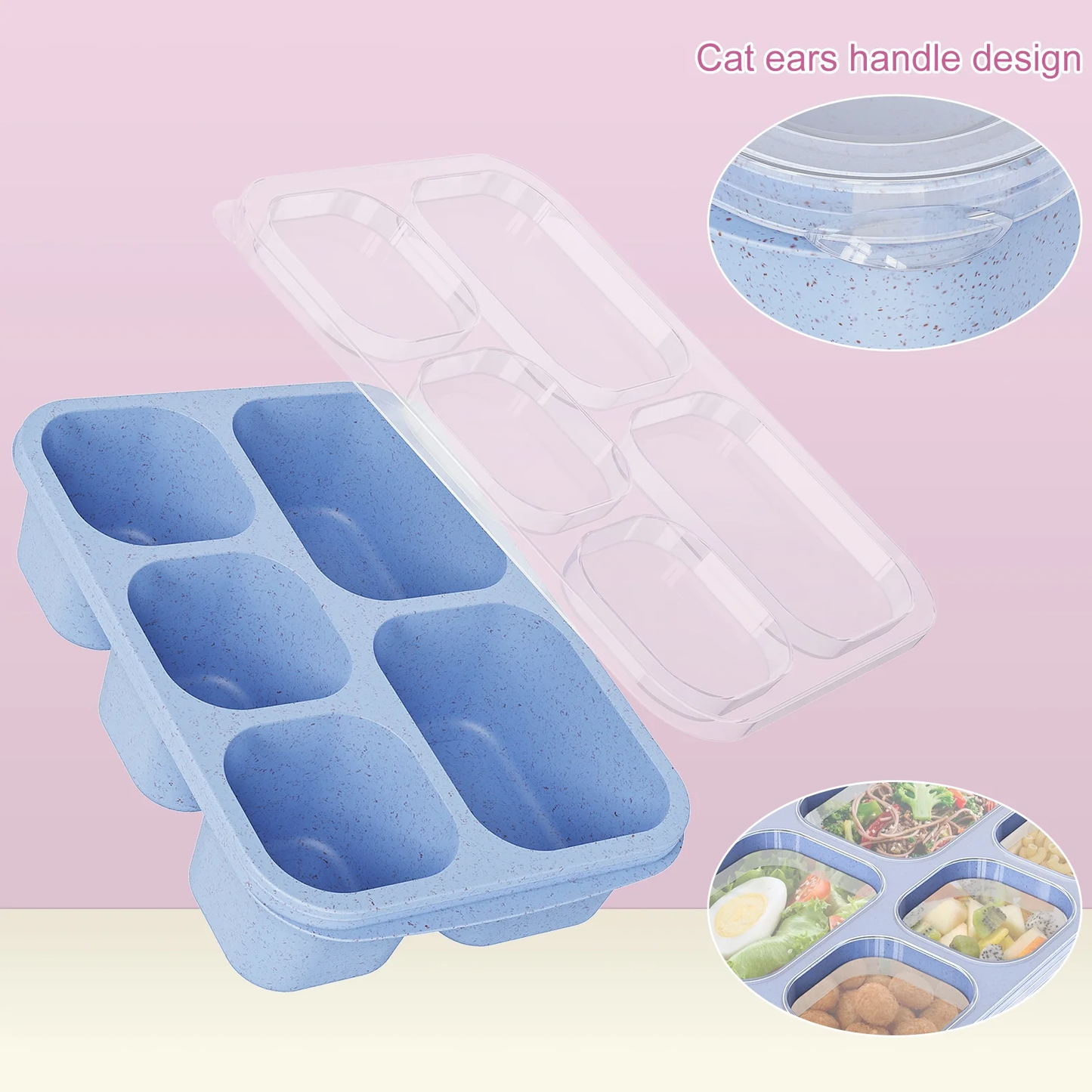 Bento Box Adult Lunch Box, 4 Pack 5 Compartment Meal Prep Container for Kids, Reusable Wheat Food Storage Snack Container, Stackable for School, Work, and Travel (Green/Blue/Pink/Beige)