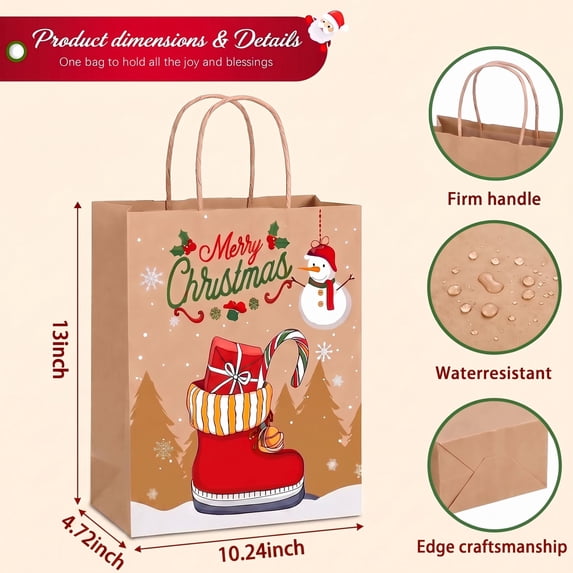 Scidweet 54 Pcs Christmas Gift Bags, Reusable Christmas Kraft Gift Bags with Handles, Goodie Bags for Xmas Gift Party Favor Supplies Holiday Decor