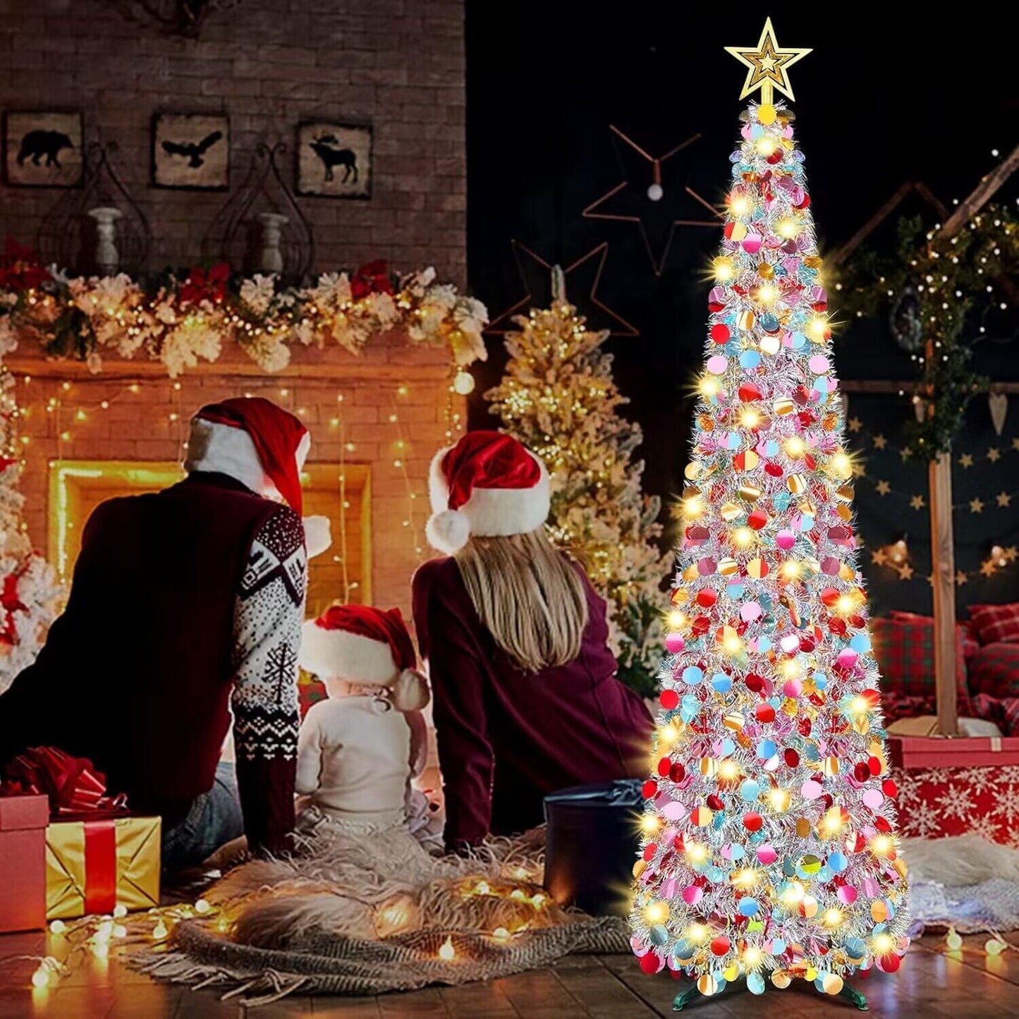 Scidweet 5 Ft Pop up Christmas Tree with Lights & Reflective Sequins, Artificial Collapsible Pencil Tinsel Xmas Tree for Christmas Decoration, Silver