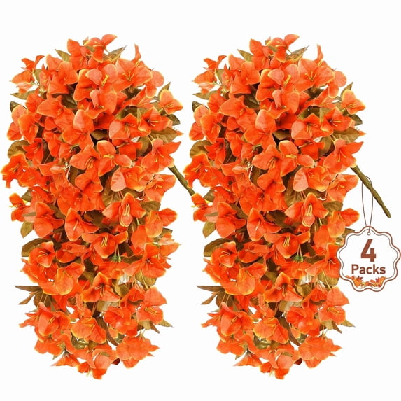 Scidweet Artificial Fall Hanging Flowers Outdoors, 4 Pcs Autumn Fake Faux Bougainvillea Silk Flowers Plants UV Resistant Fall Decorations for Home Garden Balcony Yard Front Porch Decor, Orange