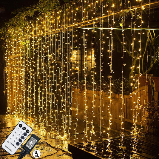 304 LED Curtain String Lights,9.8 x 9.8 ft,8 Modes Plug,Backdrop for Wedding Party Bedroom Window Indoor Outdoor Christmas Decoration,Warm White