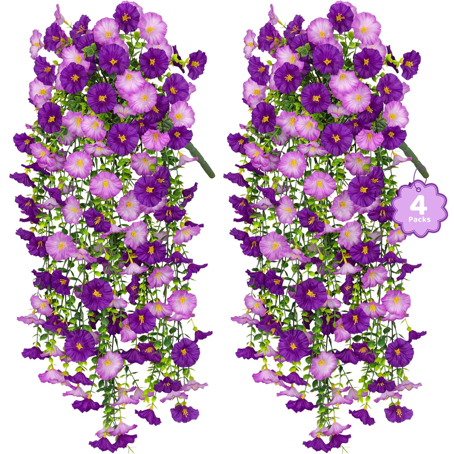 Scidweet Artificial Hanging Flowers for Outdoors, 4 Pcs Faux Fake Hanging Silk Flowers for Spring Summer Porch Patio Garden Yard Indoor Outside Home Decor, Purple