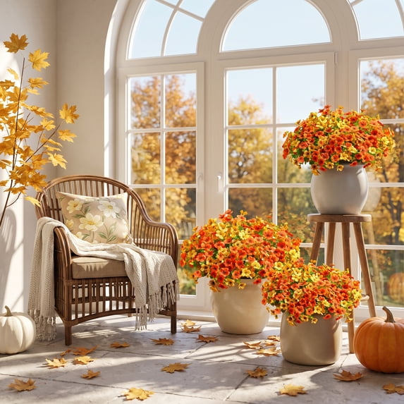 Scidweet Artificial Fall Flowers Outdoors, 12 Bundles Autumn Faux Silk Flowers Fake Plants Fall Decorations for Home Outside Yard Garden Porch Patio Autumn Thanksgiving, Yellow Orange