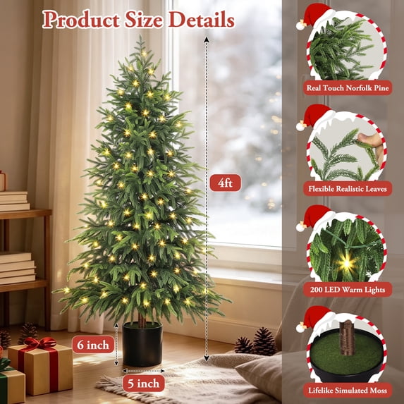 Scidweet 2 Pack Artificial Norfolk Pine Christmas Tree, 4FT Fake Potted Tree Faux Plant with 100 LED for Front Door Indoor Outdoor Porch Room Office Holiday Home Xmas Decor