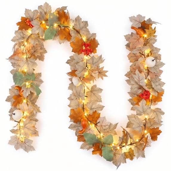 Scidweet Fall Garland with Lights, 9 FT 40 LED Artificial Autumn Maple Leaves Garland Indoor Outdoor Fall Decorations for Home Table Party Fireplace Porch Thanksgiving Harvest Halloween Decor