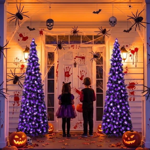 Scidweet 5ft Pop Up Halloween Trees Decorations, Collapsible Pencil Twinkle Halloween Tree with Lights & Spider Reflective Sequins for Indoor Outdoor Home Party Holiday Decor, Purple