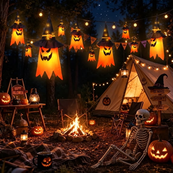 Scidweet Halloween Decorations Indoor Outdoor, 5 Pcs Halloween Lighted Glowing Ghost Witch Hat Ornaments Gifts for Home Garden Yard Party Decor, Orange