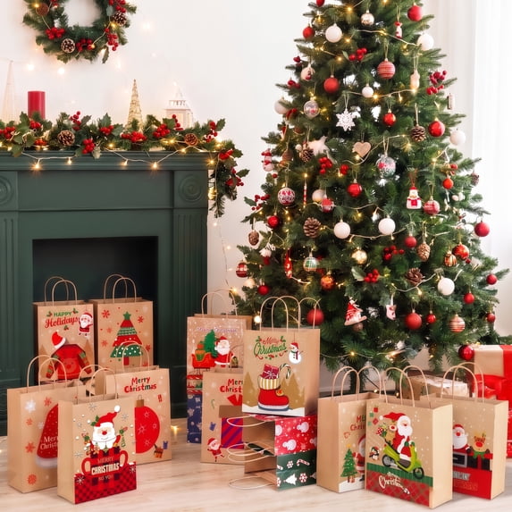 Scidweet 54 Pcs Christmas Gift Bags, Reusable Christmas Kraft Gift Bags with Handles, Goodie Bags for Xmas Gift Party Favor Supplies Holiday Decor