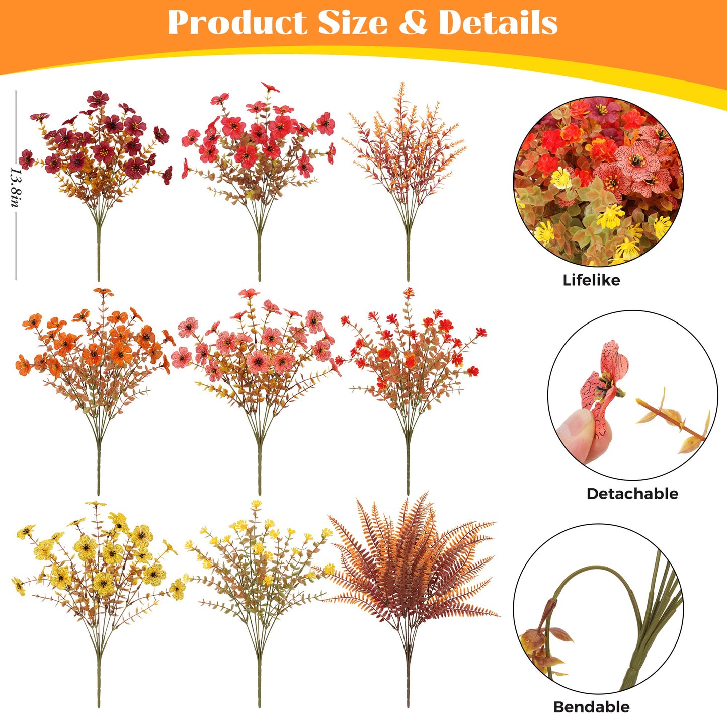 Scidweet Artificial Fall Flowers Outdoors, 36 Bundles Autumn Fake Faux Silk flowers Plants Fall Decorations for Home Outside Garden Balcony Yard Front Porch Decor, Multicolor
