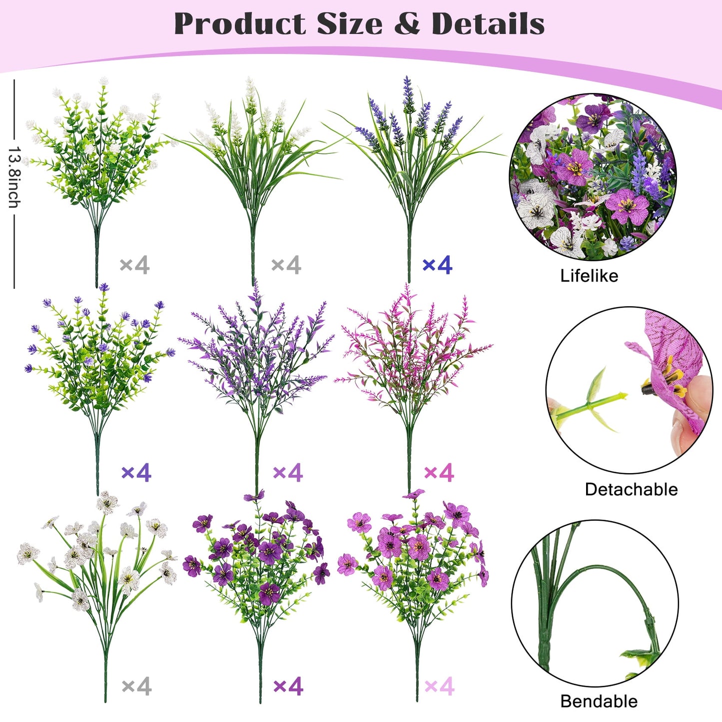 Artificial Flowers Outdoor, 36 Pcs UV Resistant Realistic Faux Flowers for Garden Porch Patio Decor