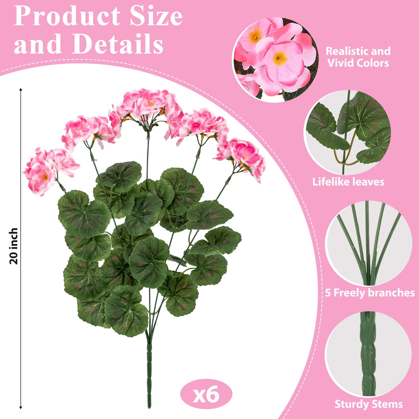 Scidweet Artificial Flowers, 6 Pcs 21'' Geraniums Fake Flowers Faux Plants for Summer Indoor Outdoor Home Table Garden Decoration, Pink