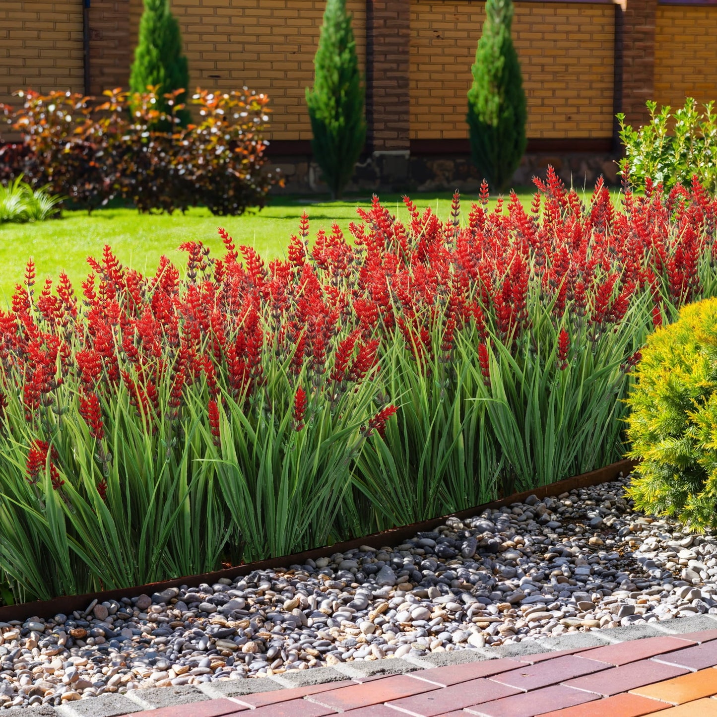 Scidweet Artificial Plants Outdoor, 20 Bundles Fake Plant Faux Monkey Grass Spring Summer for Window Garden Home Decor, Red