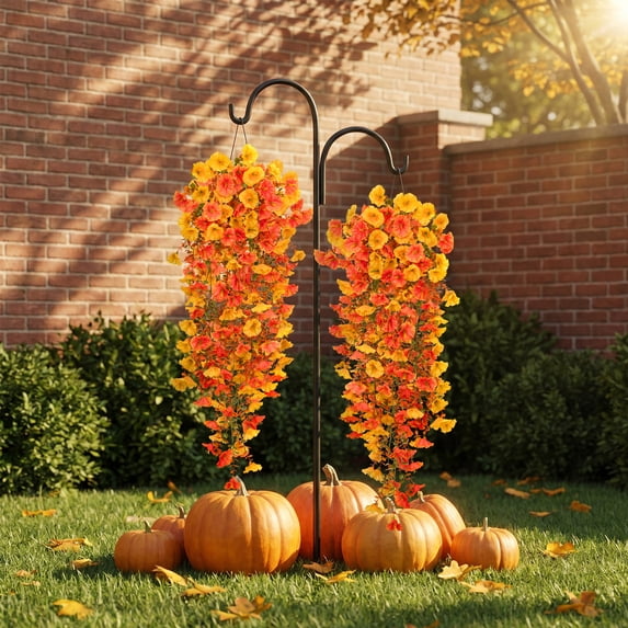 Scidweet Artificial Hanging Fall Flowers for Outdoors, 4 Pcs Faux Morning Glory Silk Flower with Eucalyptus Leaves for Porch Patio Decor, Orange Yellow and Red