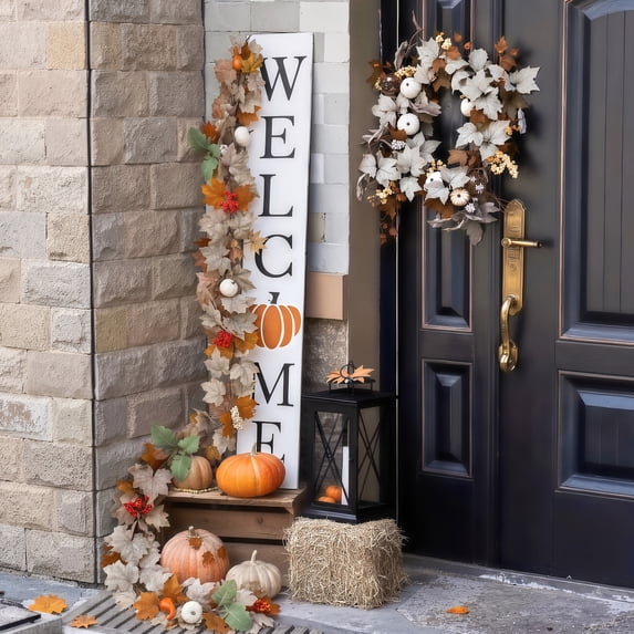 Scidweet Fall Garland with Lights, 9 FT 40 LED Artificial Autumn Maple Leaves Garland Indoor Outdoor Fall Decorations for Home Table Party Fireplace Porch Thanksgiving Harvest Halloween Decor