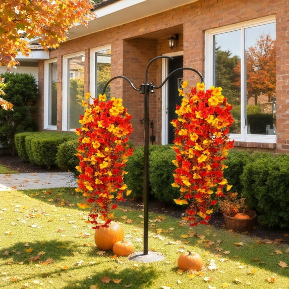 Scidweet 4Pcs Artificial Hanging Fall Flowers for Outdoors, Faux Silk Flower Fake Morning Glory for Porch Garden Indoor Home Thanksgiving Decor, Yellow and Red