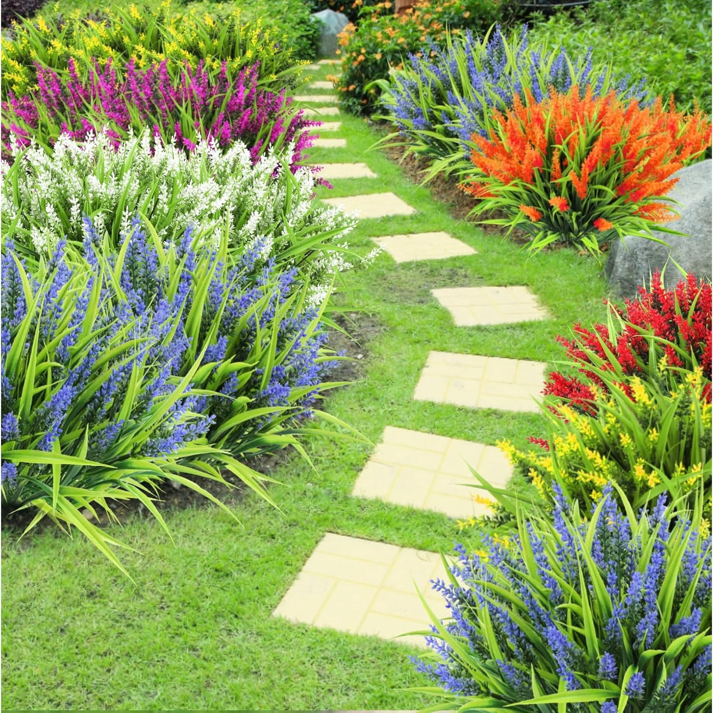 Scidweet 24 Bundles Faux Lavender Plants, Mixed Color Artificial Plastic Flowers Fake Monkey Grass Flowers Spring Summer for Outdoors Window Garden Home Decor