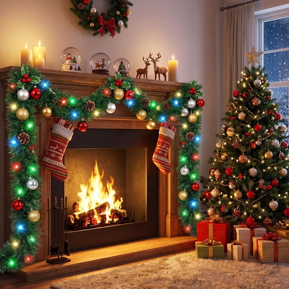 Scidweet Christmas Garland with 60 Lights, 19.69 ft Artificial Green Garland Mantle Garland for Outdoor Indoor Christmas Tree Decorations