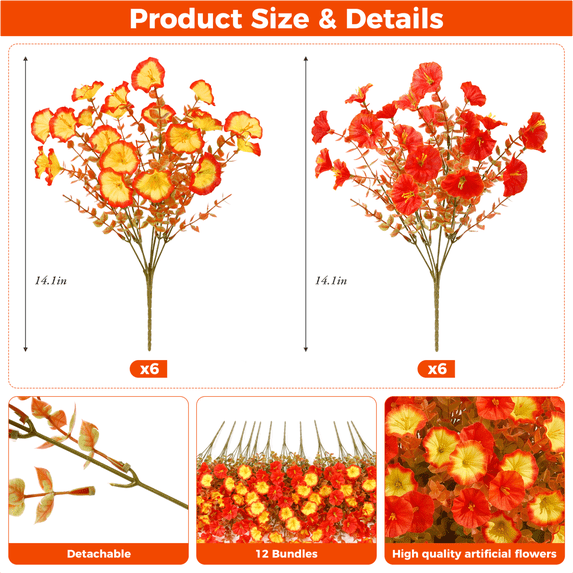 Scidweet Artificial Fall Flowers Outdoors, 12 Bundles Autumn Fake Silk Morning Glory flowers Faux Plants UV Resistant Fall Decorations for Home Garden Balcony Yard Front Porch Decor, Orange Sunset