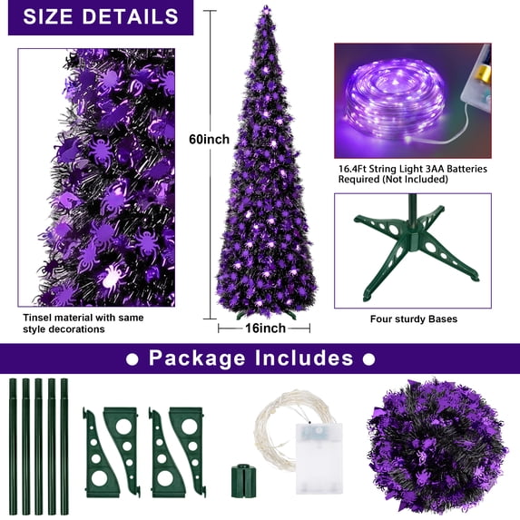 Scidweet 5ft Pop Up Halloween Trees Decorations, Collapsible Pencil Twinkle Halloween Tree with Lights & Spider Reflective Sequins for Indoor Outdoor Home Party Holiday Decor, Purple
