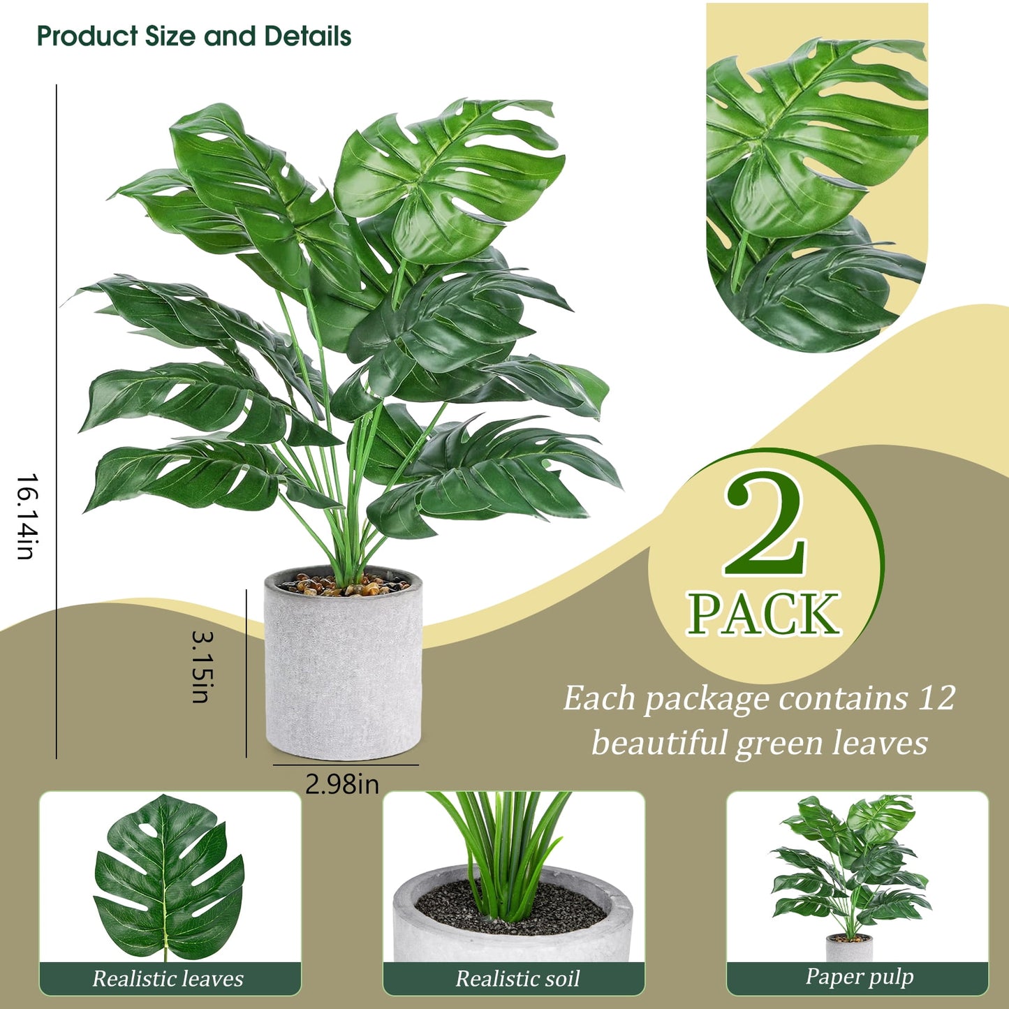 Scidweet 2 Packs Fake Plants, Artificial Tropical Small Faux Pot Plants Indoor Home Office Table Kitchen Bathroom Decor