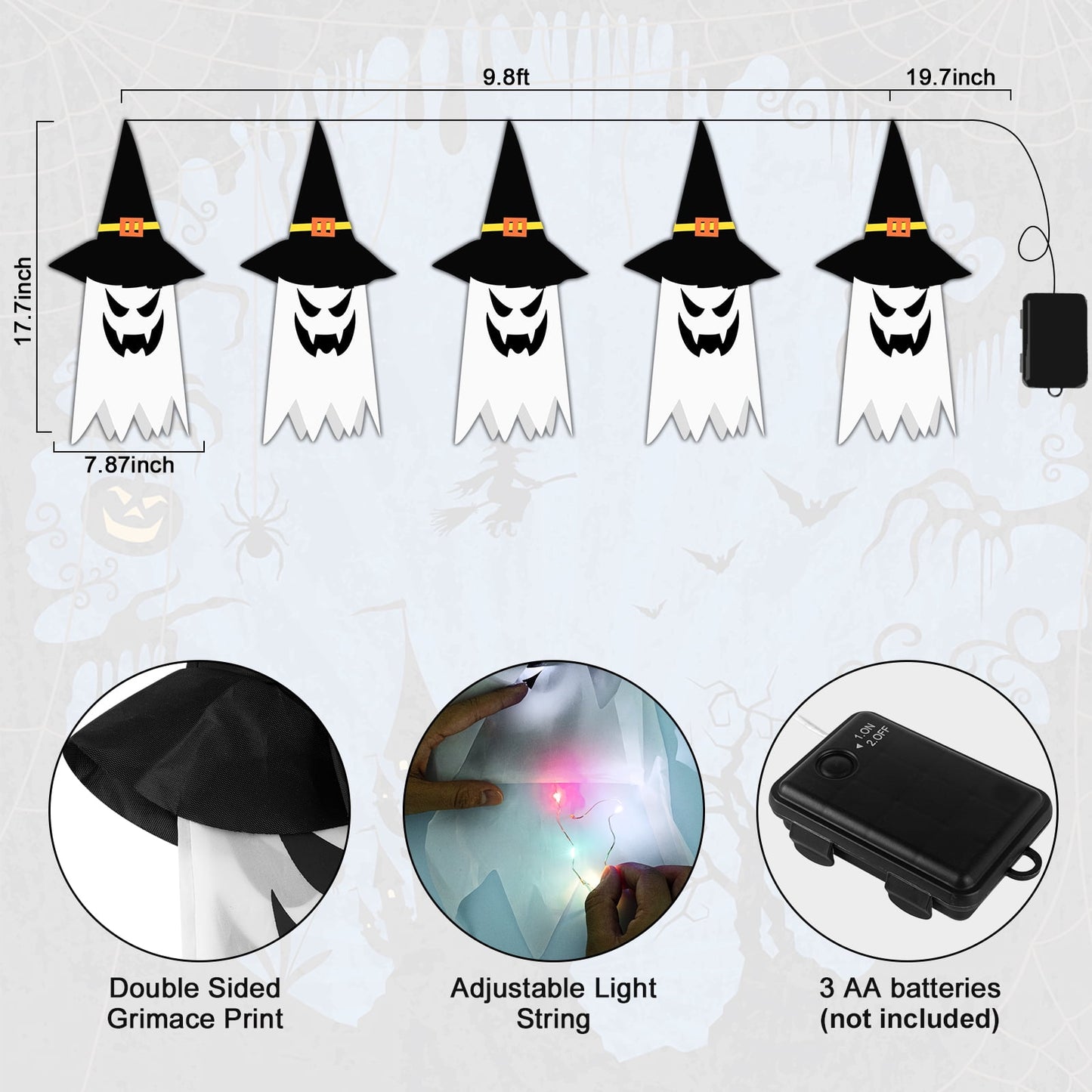Scidweet Halloween Decorations Hanging Outdoor String Lights Glowing Ghost Witch Hat Indoor Ornaments Halloween Lights for Home Tree Garden Yard (5 Pcs)