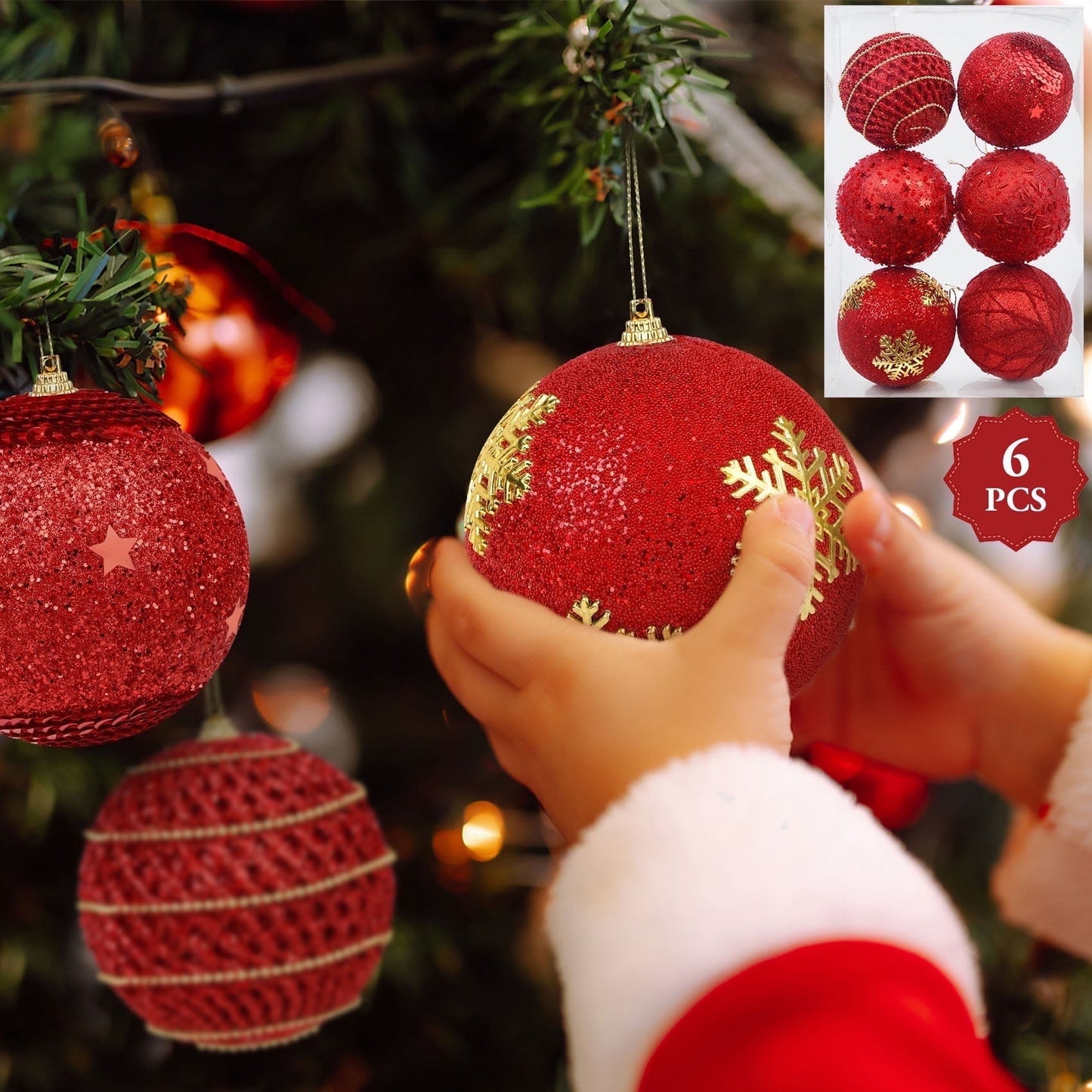 Scidweet Christmas Balls Ornaments, 6 Pcs 4" Hanging Balls Christmas Tree Decorations Sets Xmas Ornaments for Indoor Outdoor Holiday Party Xmas Home Decor, Red