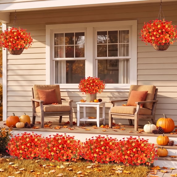 Scidweet Artificial Fall Flowers Outdoors, 12 Bundles Autumn Fake Silk Morning Glory flowers Faux Plants UV Resistant Fall Decorations for Home Garden Balcony Yard Front Porch Decor, Orange Sunset