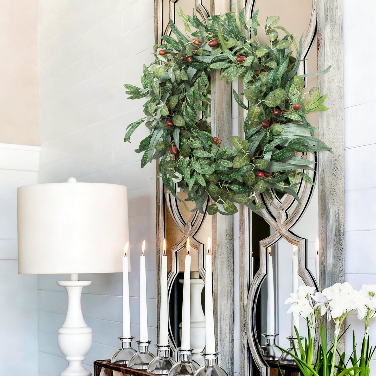 Scidweet Artificial Olive Wreaths for Front Door, 20" Artificial Greenery Olive Wreaths with Olive Leaf Fruit for Indoor Outdoor Farmhouse Window Wall Home Wedding Decor