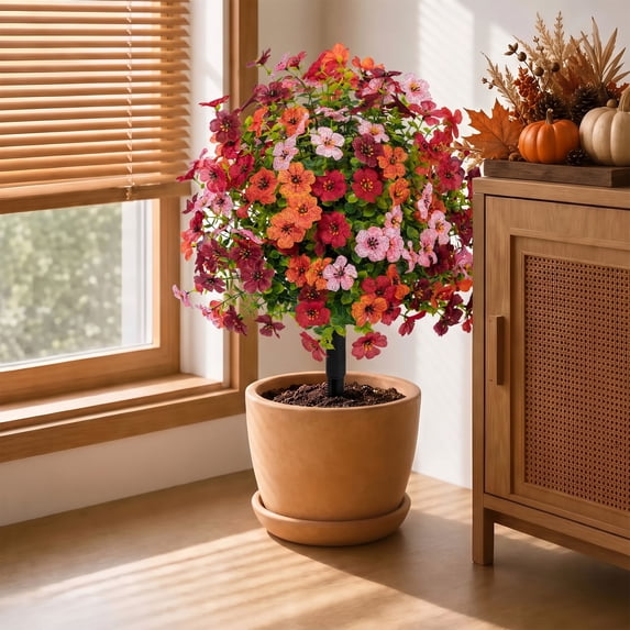 Scidweet 2 Pack Artificial Fall Flowers for Outdoors, Fake Mum Topiary Balls with Ground Spike Fake Plants for Fall Indoors Porch Patio Autumn Thanksgiving Decor