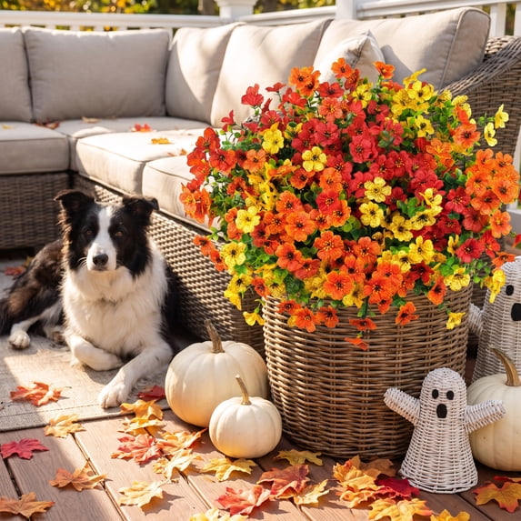 Scidweet Artificial Flowers for Outdoor, 12 Bundles Fake Silk Flowers Faux Plants for Fall Outside Indoor Outdoor Home Decor (Yellow, Orange, Red)