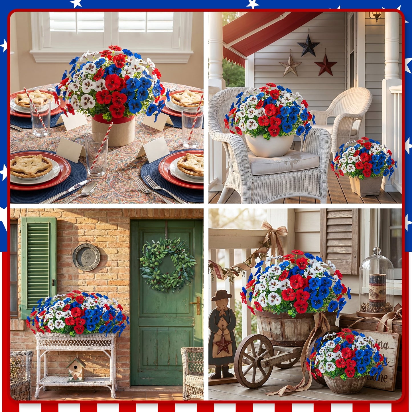 Artificial Flowers for Outdoors, 12 Bundles UV Resistant Faux Silk Flowers for Outside for Front Door Porch Patio Home Decor (Red, White, Blue)