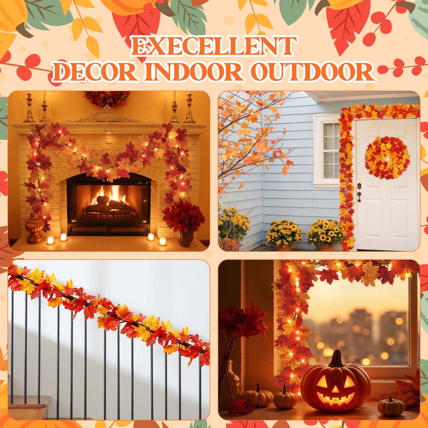 Scidweet Fall Maple Leaves Garland, 9 FT 50 LED String Lights Fall Decorations for Home Party Garland Thanksgiving Fireplace Indoor Outdoor Autumn Decor