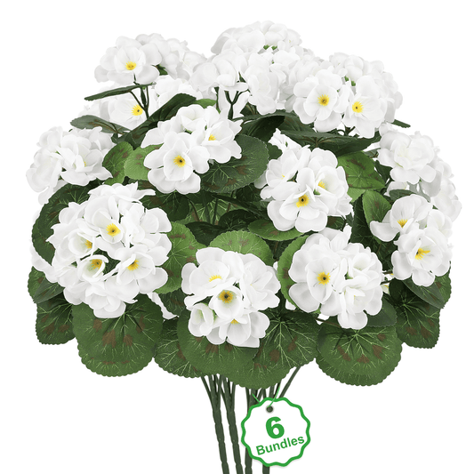 Scidweet Artificial Flowers, 6 Pcs 21'' Geraniums Fake Flowers Faux Plants for Summer Indoor Outdoor Home Table Garden Decoration, White