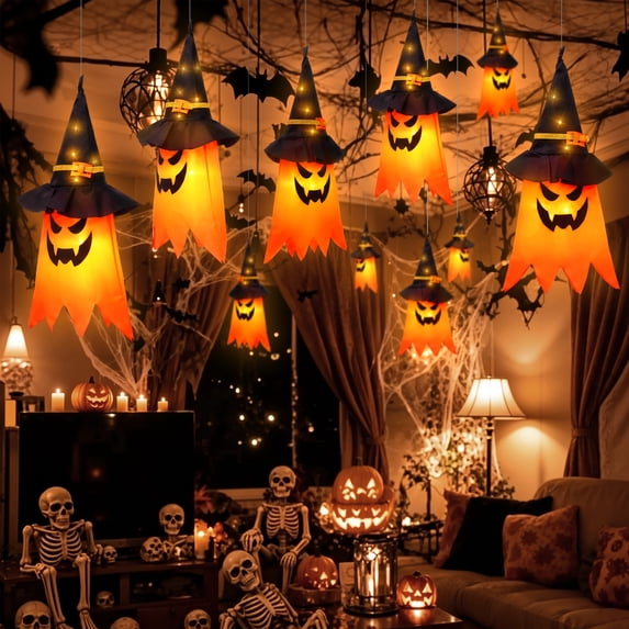 Scidweet Halloween Decorations Indoor Outdoor, 5 Pcs Halloween Lighted Glowing Ghost Witch Hat Ornaments Gifts for Home Garden Yard Party Decor, Orange