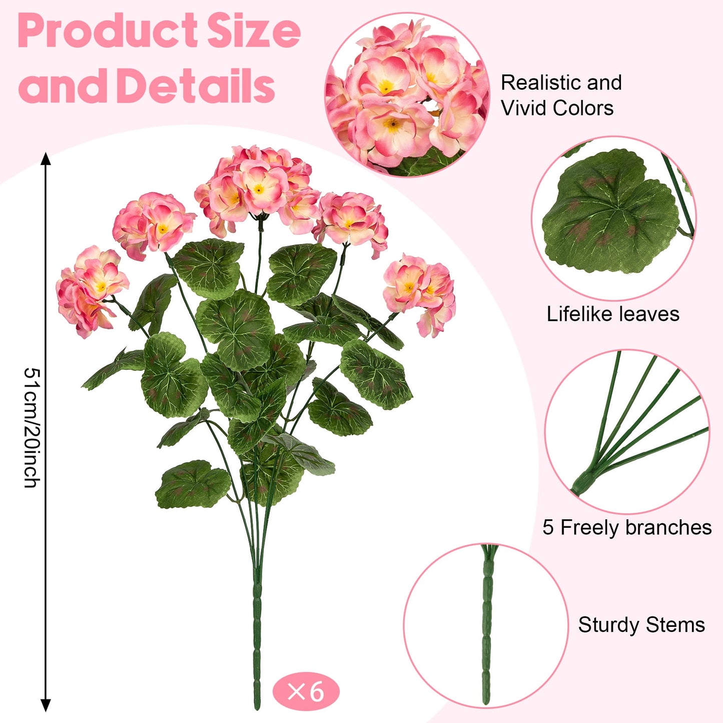 Scidweet Artificial Flowers, 6 Pcs 21'' Geraniums Fake Flowers Faux Plants for Summer Indoor Outdoor Home Table Garden Decoration, Orange