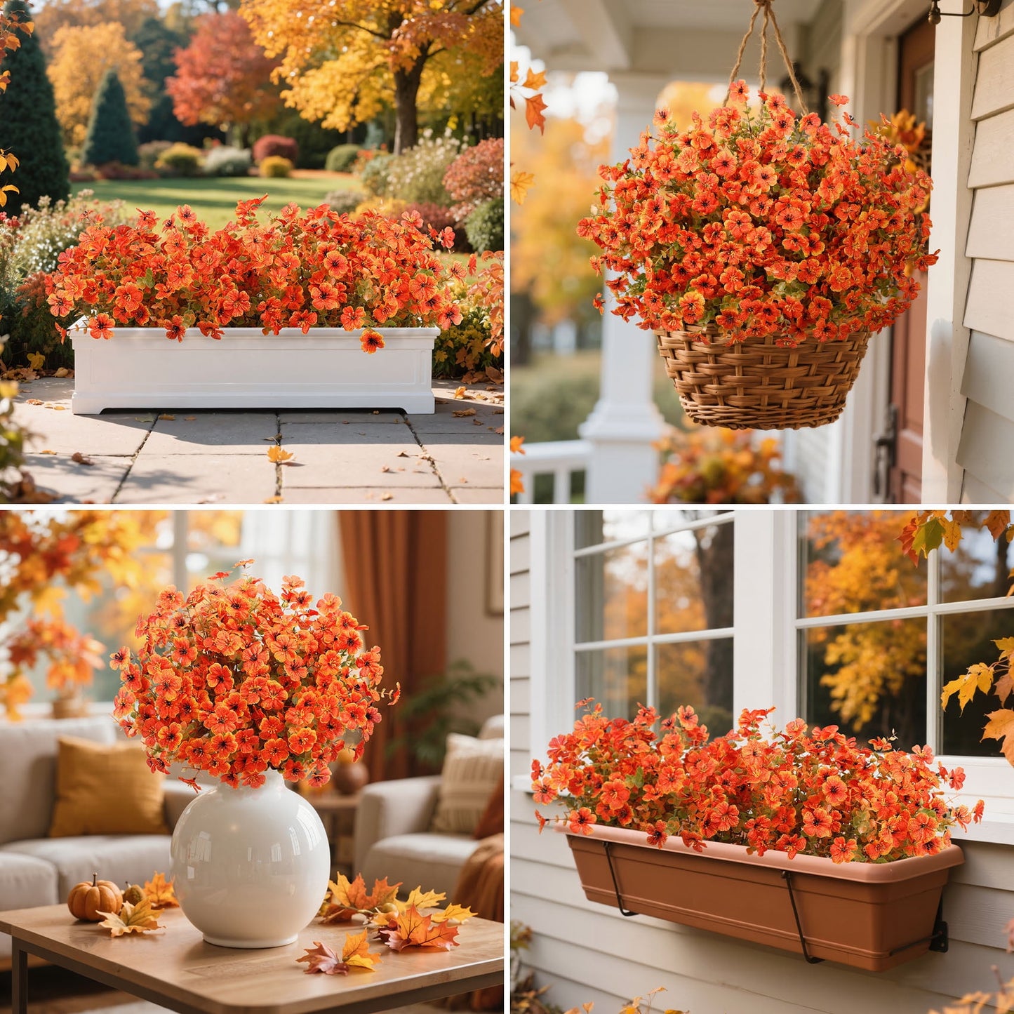 Scidweet 16 Pcs Artificial Plastic Fall Flowers Fake Flowers for Outdoor Autumn Porch, Window Box, Farmhouse Thanksgiving Home Decor, Orange