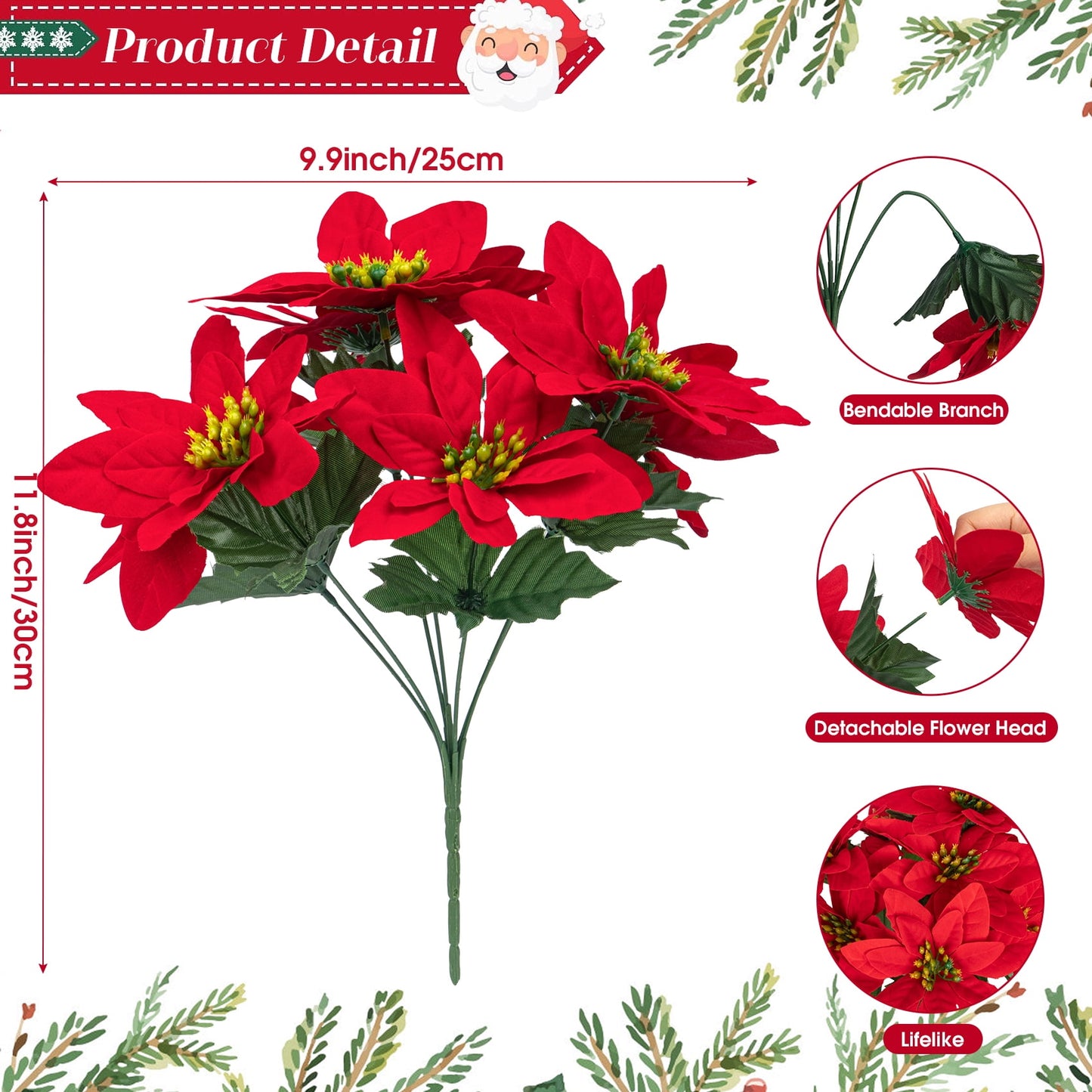 Scidweet Christmas Artificial Flowers, 8 Pack Fake Red Poinsettia Flowers Bouquet for Indoor Outdoor Home Xmas Tree Table Garden Decor