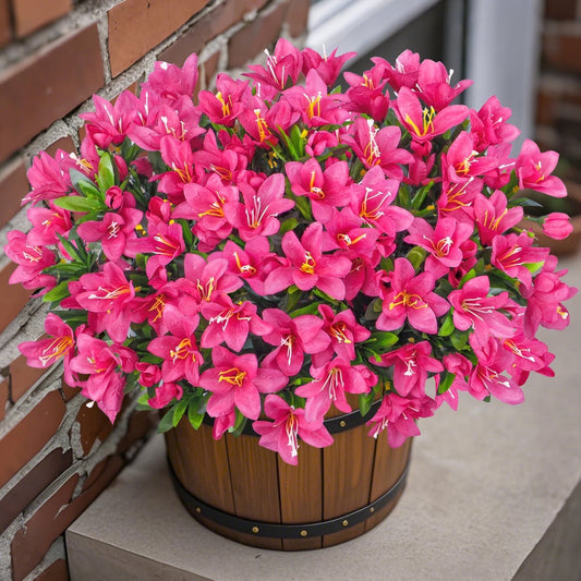 Scidweet Artificial Flowers for Outdoors, 8 Bundles UV Resistant Faux Fake Silk Azalea Flowers Plants for Front Door Garden Home Decor, Fuchsia