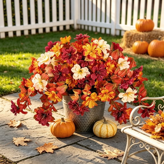 Scidweet Fall Fake Flowers Outdoors, 2Pcs Autumn Artificial Silk Azalea Flowers Faux Plants Fall Decorations for Home Outside Garden Balcony Yard Front Porch Indoor Decor